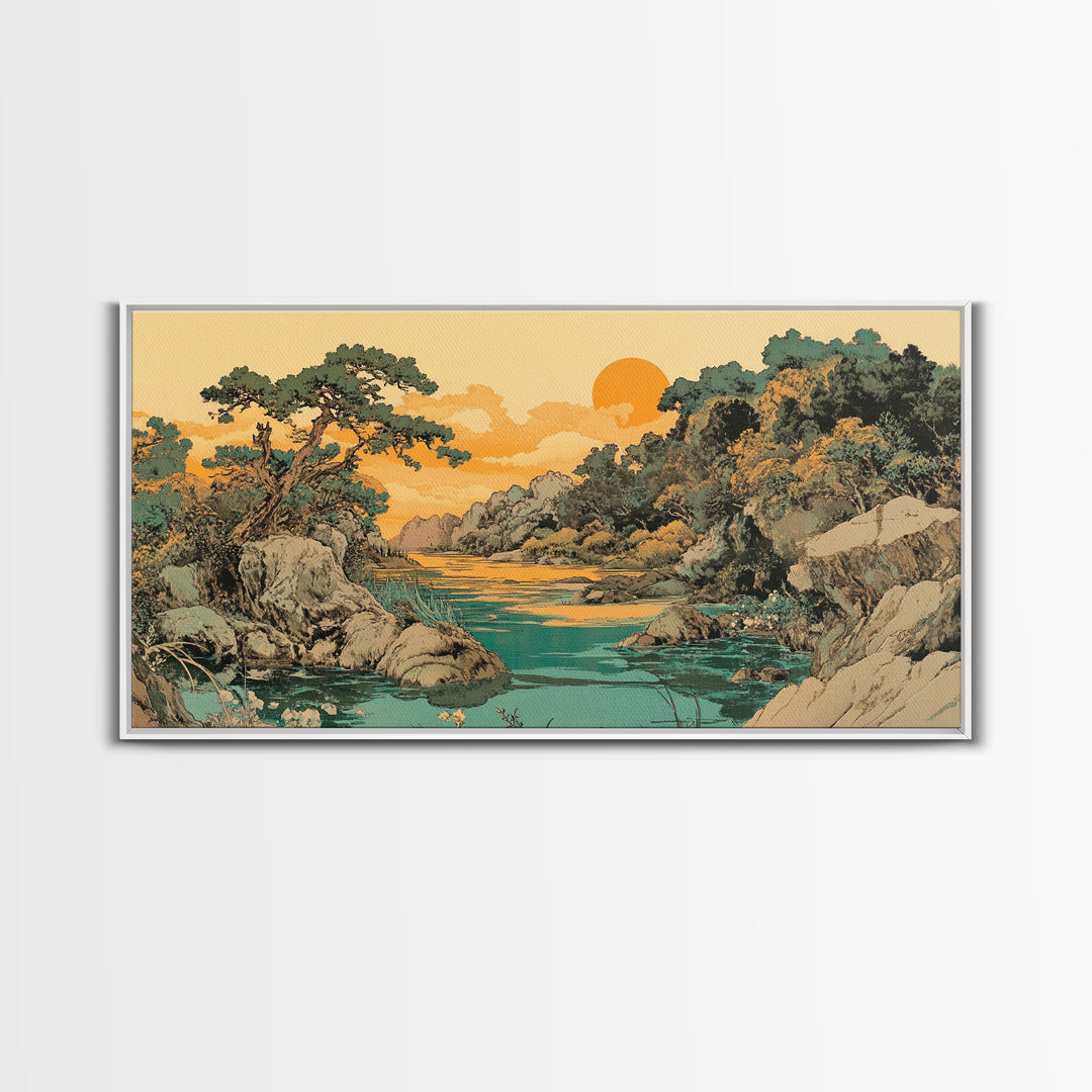 Golden River Valley Landscape Wall Art, Japanese Mountain Canvas Print, Serene Nature Decor, Japandi Living Room Art Gift