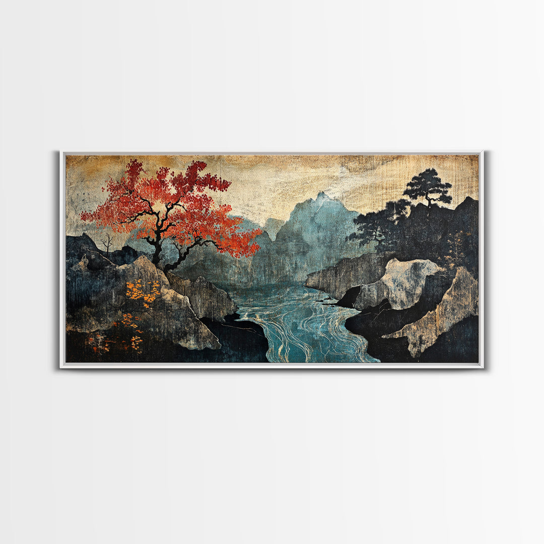 Autumn Mountain Lake Framed Canvas Print, Japanese Landscape Wall Art, Moody Nature Decor, Red Tree Japandi Wall Decor Gift