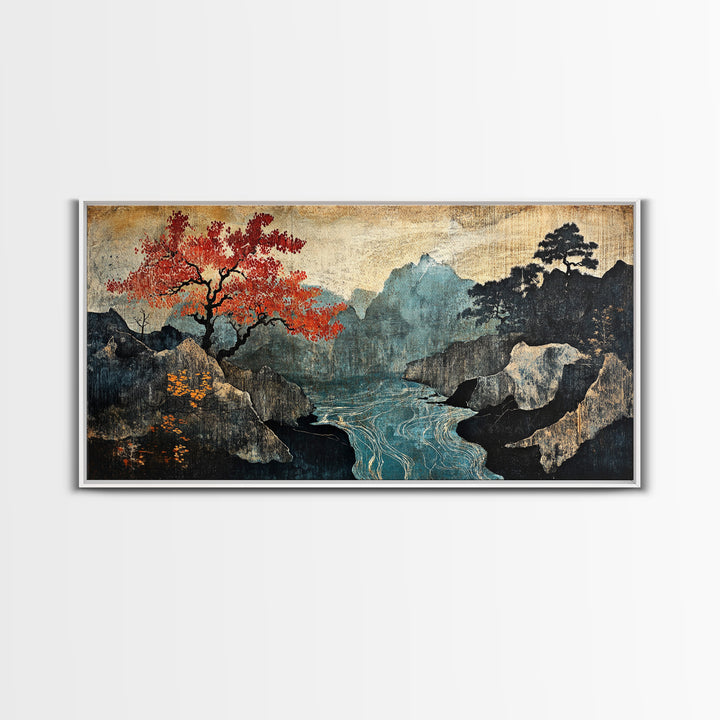 Autumn Mountain Lake Framed Canvas Print, Japanese Landscape Wall Art, Moody Nature Decor, Red Tree Japandi Wall Decor Gift