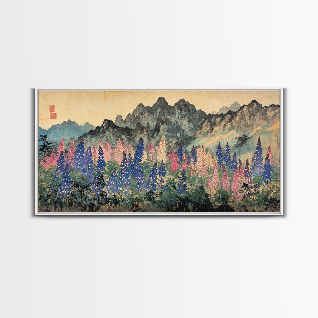 Colorful Lupine Meadow Below Ink Mountains Wall Art, Japanese Landscape Print, Botanical Home Decor, Large Living Room Wall Art