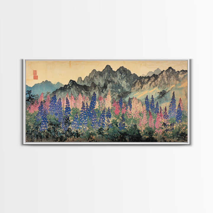 Colorful Lupine Meadow Below Ink Mountains Wall Art, Japanese Landscape Print, Botanical Home Decor, Large Living Room Wall Art