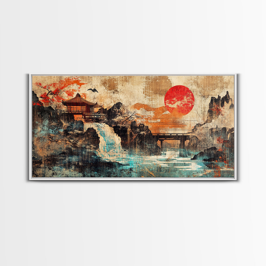 Red Sun Temple Waterfall Over Mountain Lake Wall Art, Japanese Landscape Canvas Print, Asian Zen Decor, Large Living Room Art