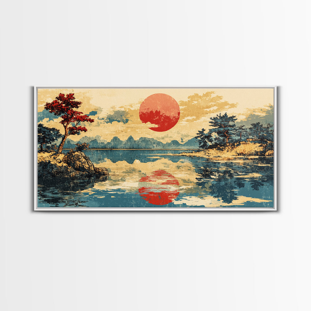 Red Sun Reflected On Serene Mountain Lake Wall Art, Japanese Landscape Canvas Print, Coastal Zen Decor, Large Living Room Art