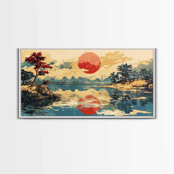Red Sun Reflected On Serene Mountain Lake Wall Art, Japanese Landscape Canvas Print, Coastal Zen Decor, Large Living Room Art