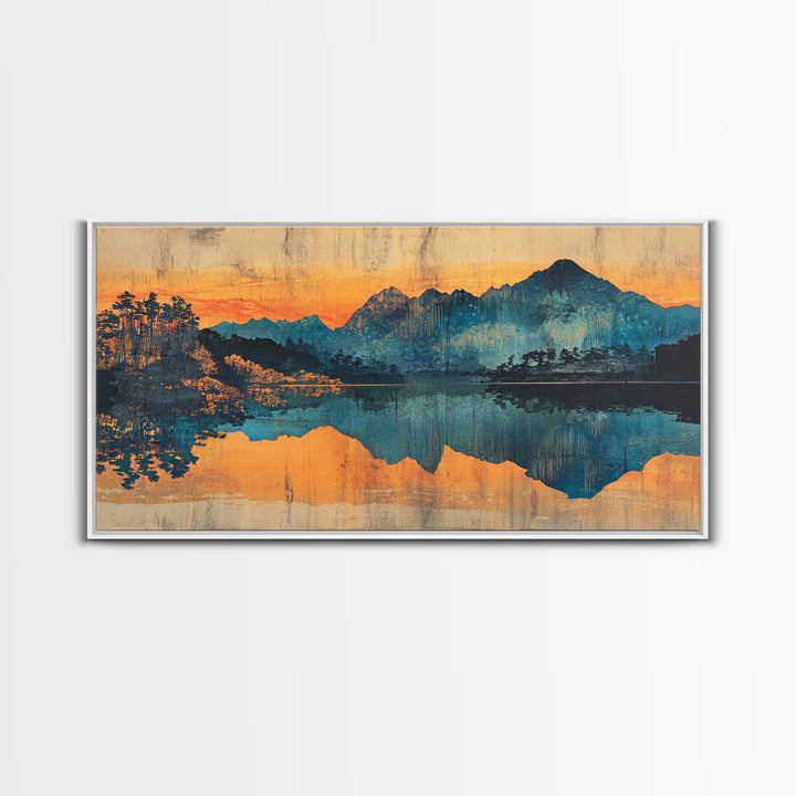 Moody Mountain Lake Reflection Wall Art, Blue Orange Landscape Canvas Print, Rustic Cabin Decor, Large Living Room Art Gift