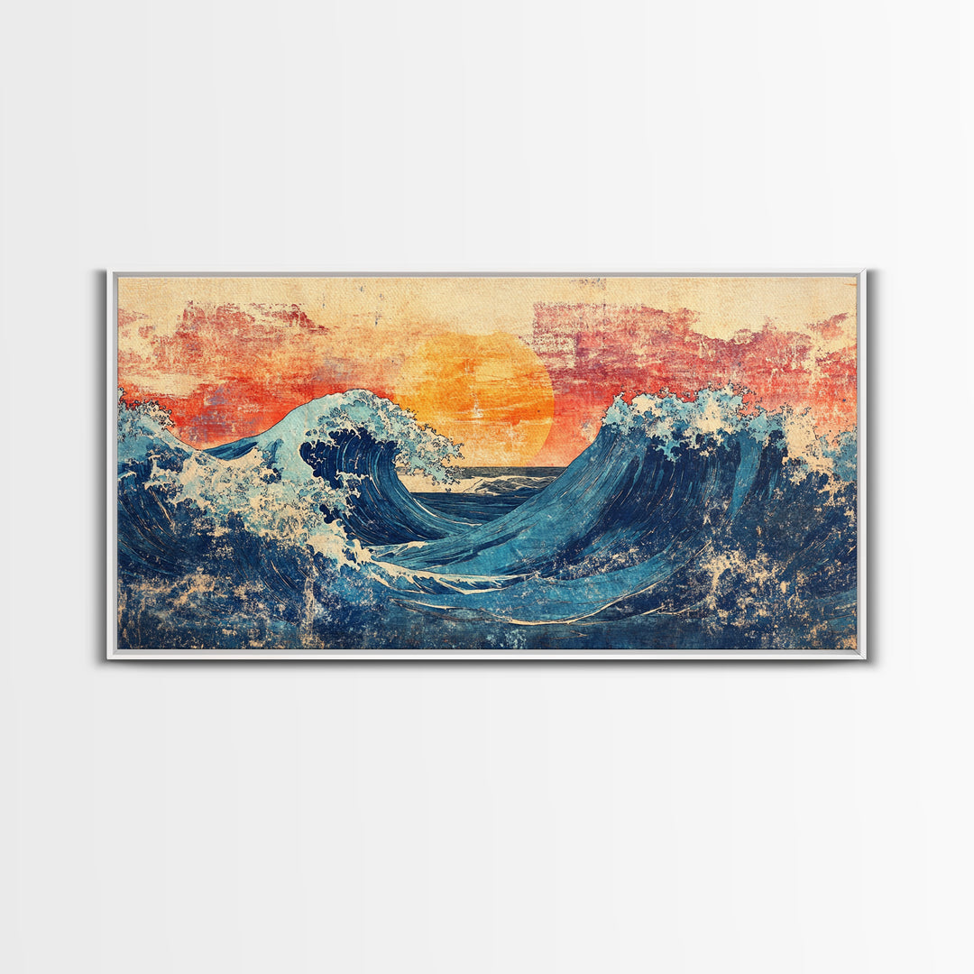Sunset Ocean Waves, Japanese Seascape Canvas Print, Coastal Wall Art, Nautical Decor, Beach House Living Room Print, Housewarming Gift