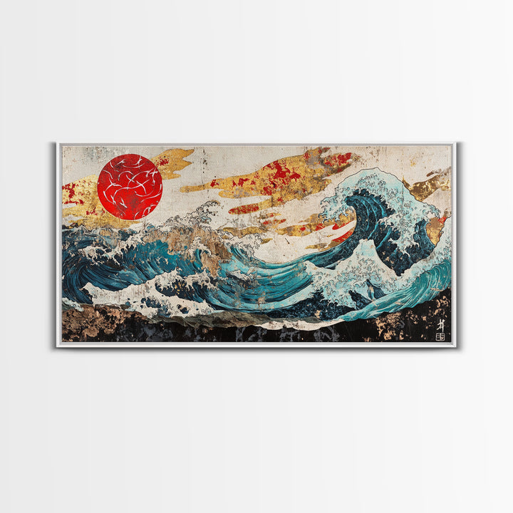 Red Sun Great Wave, Japanese Ocean Framed Canvas Print, Ukiyo E Wall Art, Coastal Decor, Large Living Room Statement Art