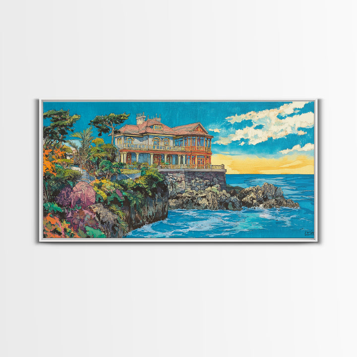 Clifftop Coastal Villa, Bright Seascape Wall Art, Italian Riviera Canvas Print, Ocean Decor, Travel Poster, Gift For Her, Housewarming Gift