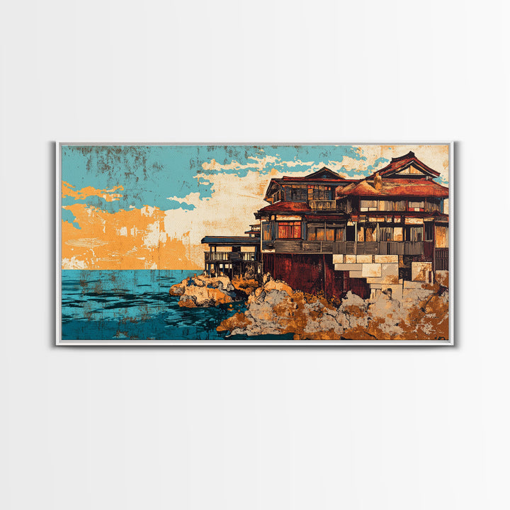 Japanese Seaside Ryokan, Sunset Architecture Wall Art, Coastal Canvas Print, Asian Decor, Ocean View Living Room Decor, Housewarming Gift
