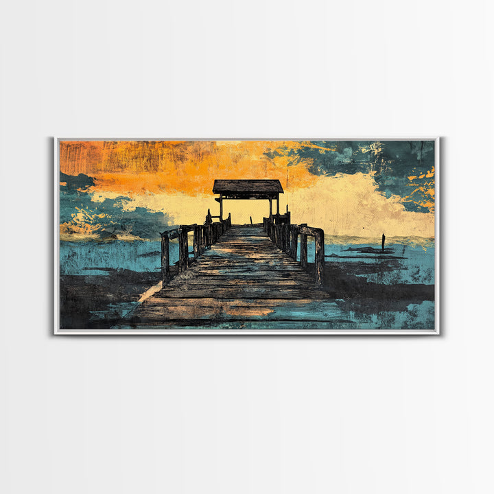 Weathered Pier At Sunset Canvas Print, Coastal Wall Decor, Nautical Beach House Art, Lake House Living Room Decor, Wide Wall Art