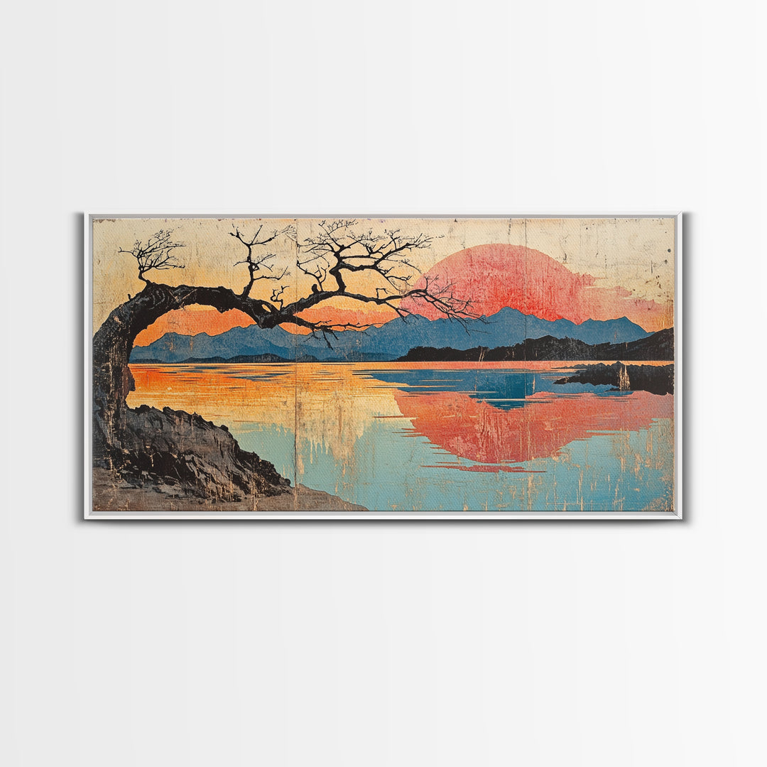 Bare Tree Lake Sunset Wall Art, Japanese Inspired Landscape Print, Serene Coastal Decor, Large Horizontal Canvas Print Art