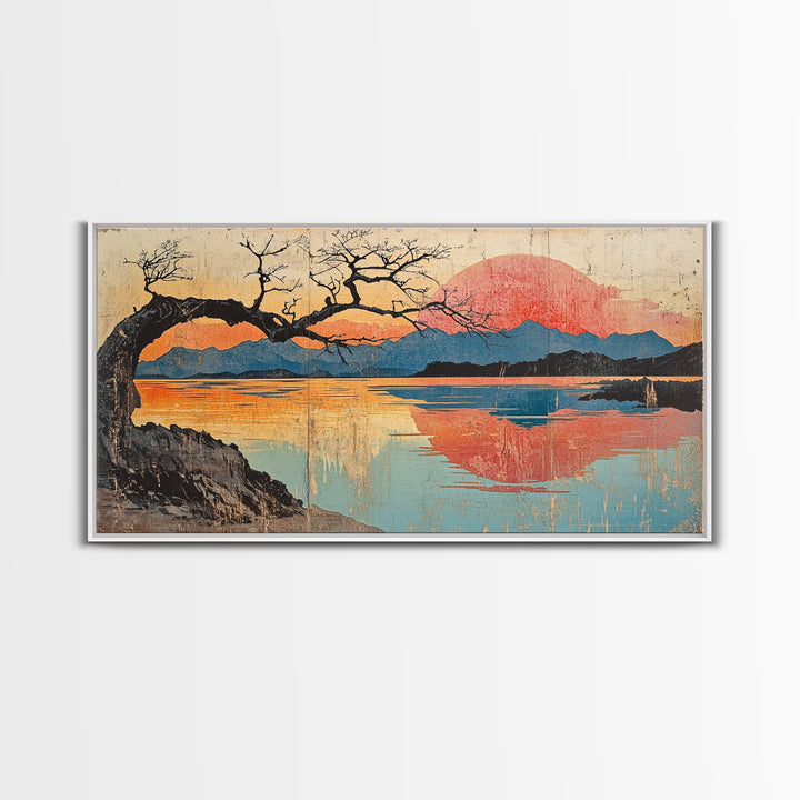 Bare Tree Lake Sunset Wall Art, Japanese Inspired Landscape Print, Serene Coastal Decor, Large Horizontal Canvas Print Art