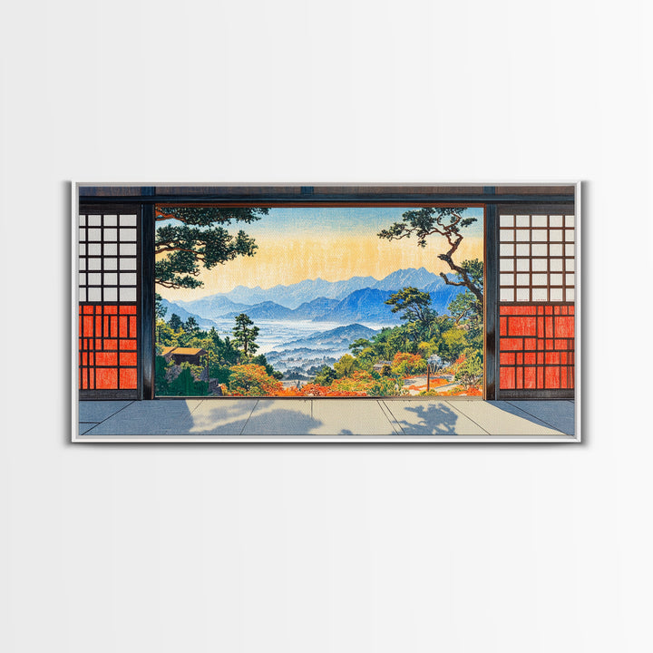 Japanese Shoji Window Mountain View Wall Art, Japandi Landscape Print, Zen Home Decor, Large Framed Canvas Print, Living Room Decor