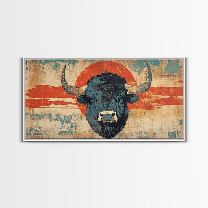 Bold Bison Portrait Red Sun Wall Art, Western Buffalo Print, Rustic Ranch Decor, Large Framed Canvas Print, Living Room Decor