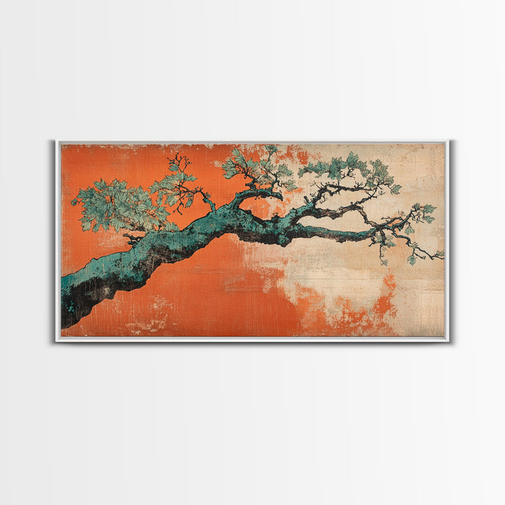 Twisted Pine Branch Wall Art, Japanese Botanical Canvas Print, Orange Teal Nature Decor, Japandi Living Room Wall Decor Gift