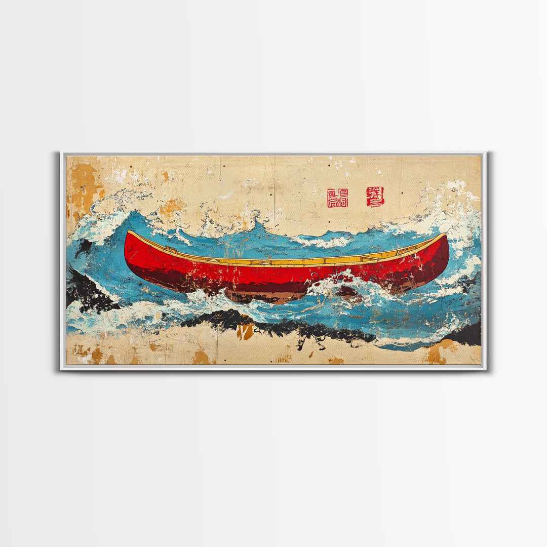 Red Canoe Ocean Waves Wall Art, Japanese Nautical Canvas Print, Coastal Adventure Decor, Beach House Wall Decor Gift Idea