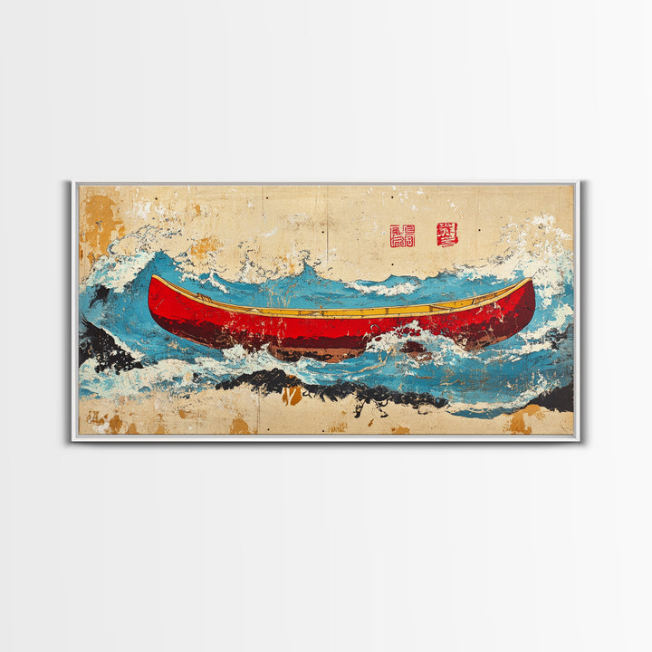 Red Canoe Ocean Waves Wall Art, Japanese Nautical Canvas Print, Coastal Adventure Decor, Beach House Wall Decor Gift Idea