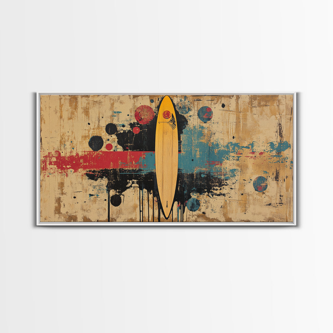 Yellow Surfboard Abstract Wall Art, Retro Beach Canvas Print, Mid Century Modern Decor, Surfer Living Room Wall Decor Gift