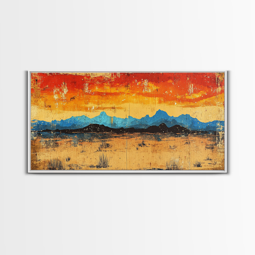 Blue Desert Mountain Wall Art, Fiery Sunset Landscape Canvas Print, Southwest Modern Decor, Above Sofa Wall Decor Gift Idea