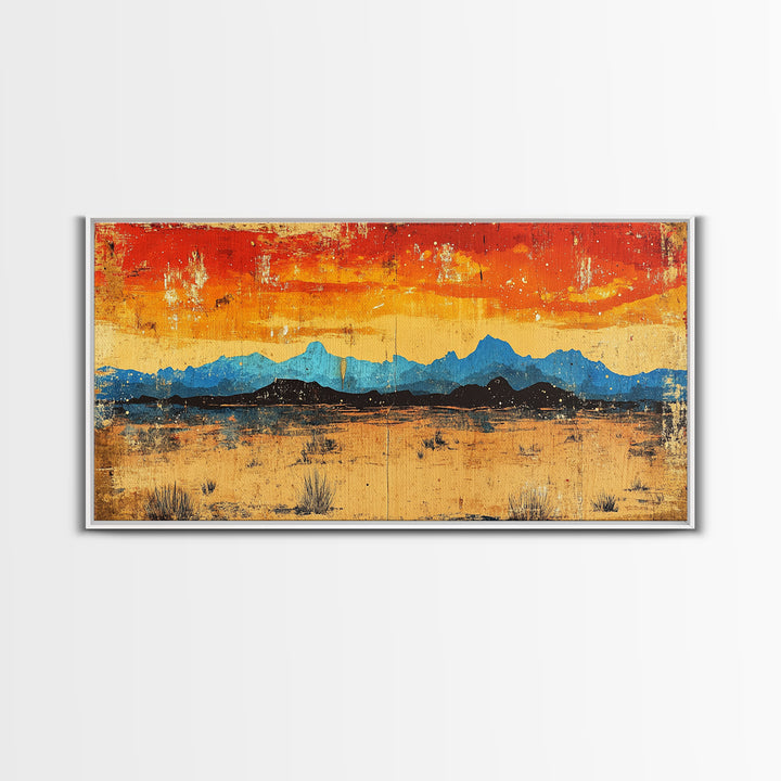 Blue Desert Mountain Wall Art, Fiery Sunset Landscape Canvas Print, Southwest Modern Decor, Above Sofa Wall Decor Gift Idea