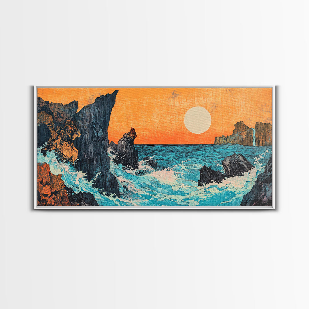 Rocky Ocean Sunset Seascape Wall Art, Japanese Coastal Canvas Wall Art, Beach House Decor, Large Horizontal Print, Ocean Wall Decor