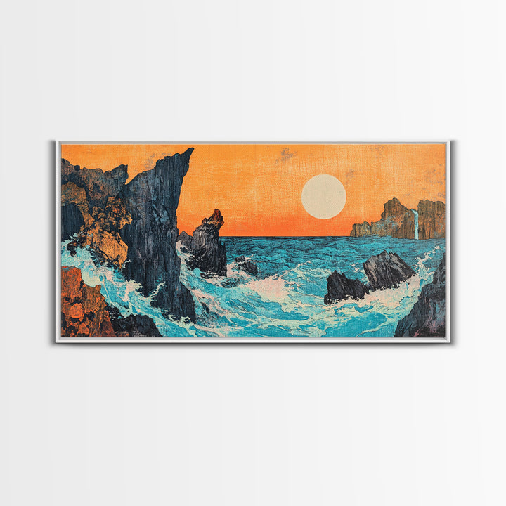 Rocky Ocean Sunset Seascape Wall Art, Japanese Coastal Canvas Wall Art, Beach House Decor, Large Horizontal Print, Ocean Wall Decor