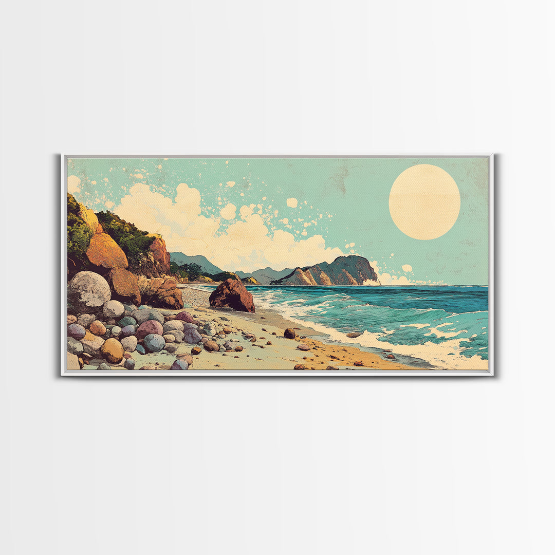 Sunny Rocky Beach Panorama Wall Art, Tropical Coastal Landscape, Ocean Waves Canvas Print, Beach House Decor, Large Horizontal Art