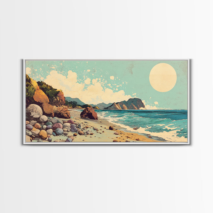 Sunny Rocky Beach Panorama Wall Art, Tropical Coastal Landscape, Ocean Waves Canvas Print, Beach House Decor, Large Horizontal Art