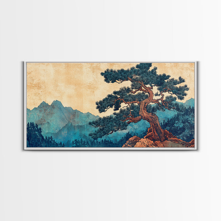 Ancient Pine Mountain Landscape Wall Art, Japanese Nature Canvas Print, Blue Forest Decor, Japandi Wall Art, Large Horizontal Print