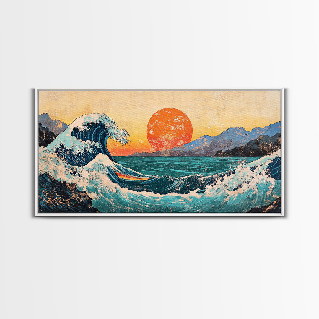 Great Wave With Orange Sun Canvas Print, Japanese Ocean Wall Art, Coastal Landscape Decor For Living Room Above Sofa Housewarming Gift