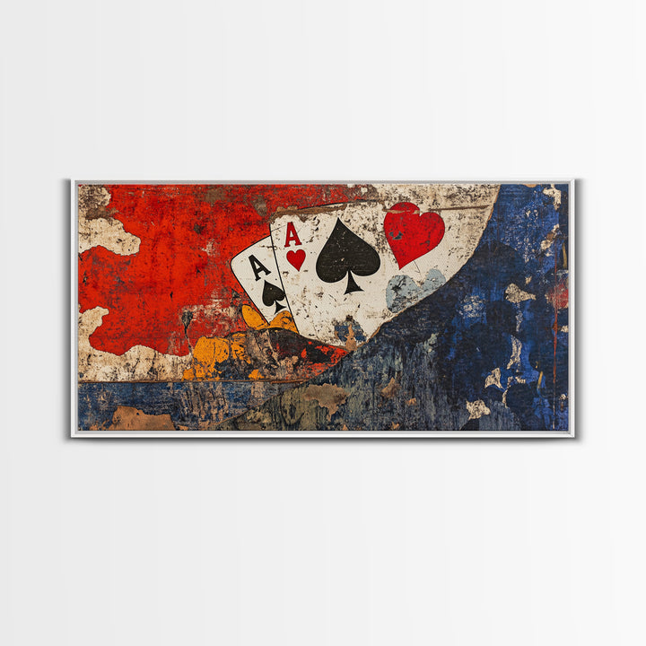 Grunge Ace Playing Cards Wall Art, Retro Poker Canvas Print, Game Room Decor For Man Cave, Casino Gift For Him Housewarming
