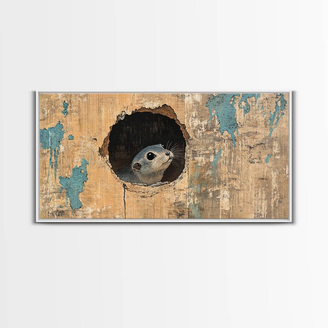 Curious Seal Peeking From Weathered Wall Art, Cute Coastal Animal Canvas Print, Nautical Bathroom Decor Gift For Ocean Lover