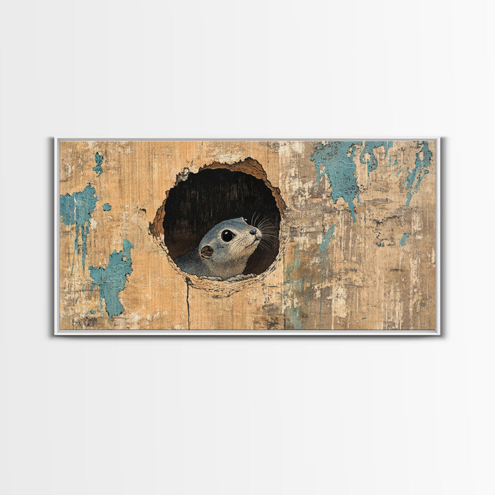 Curious Seal Peeking From Weathered Wall Art, Cute Coastal Animal Canvas Print, Nautical Bathroom Decor Gift For Ocean Lover