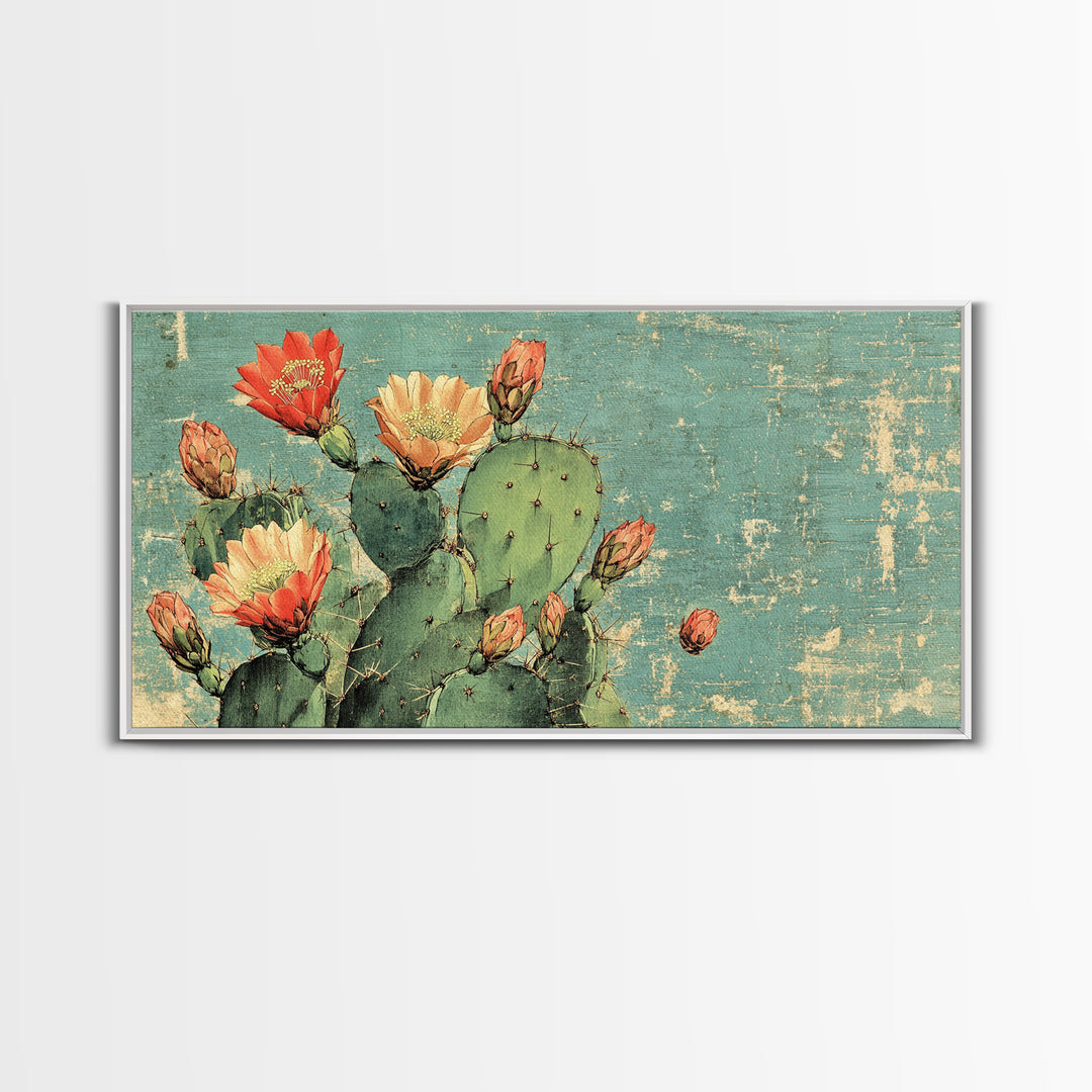 Blooming Prickly Pear Cactus Wall Art, Southwest Desert Canvas Print, Botanical Boho Home Decor Gift For Her Living Room