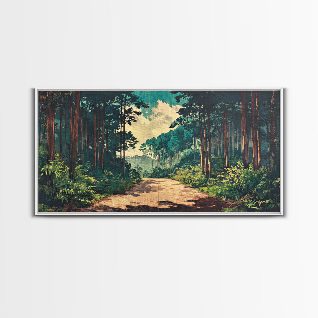 Sunlit Pine Forest Path Canvas Print, Nature Wall Art, Forest Wall Decor, Japandi Wall Art For Entryway And Office Decor
