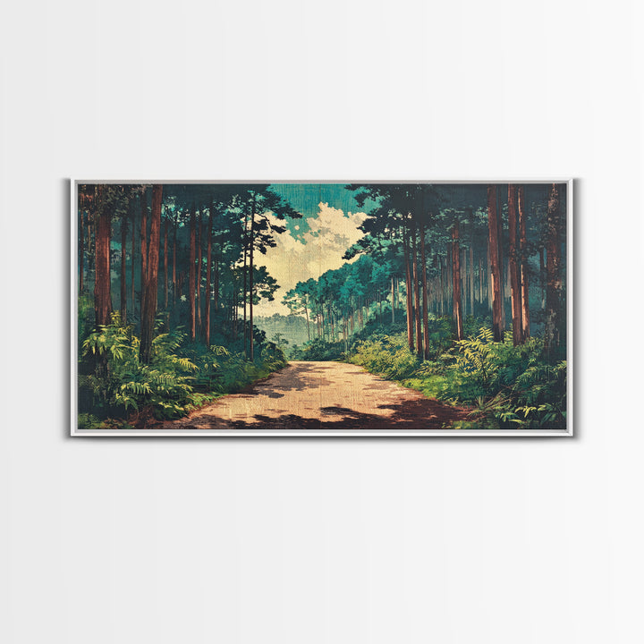 Sunlit Pine Forest Path Canvas Print, Nature Wall Art, Forest Wall Decor, Japandi Wall Art For Entryway And Office Decor