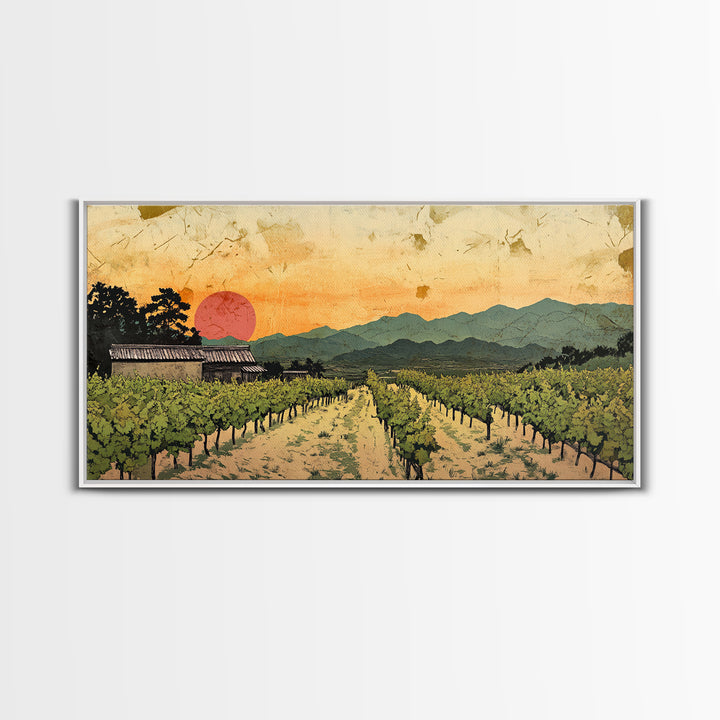 Sunset Vineyard Rows And Mountains Canvas Print, Winery Wall Art, Wine Country Decor, Rustic Landscape Art For Dining Room