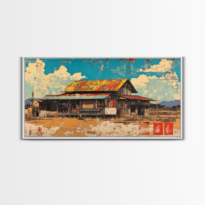 Rustic Weathered Barn Under Blue Sky Framed Canvas Print, Farmhouse Wall Art, Country Landscape, Warm Rural Home Decor Print