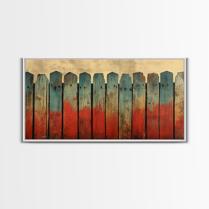 Weathered Teal And Red Wood Fence Canvas Print, Rustic Wall Art, Abstract Farmhouse Decor, Bold Country Wall Decor, Home Decor