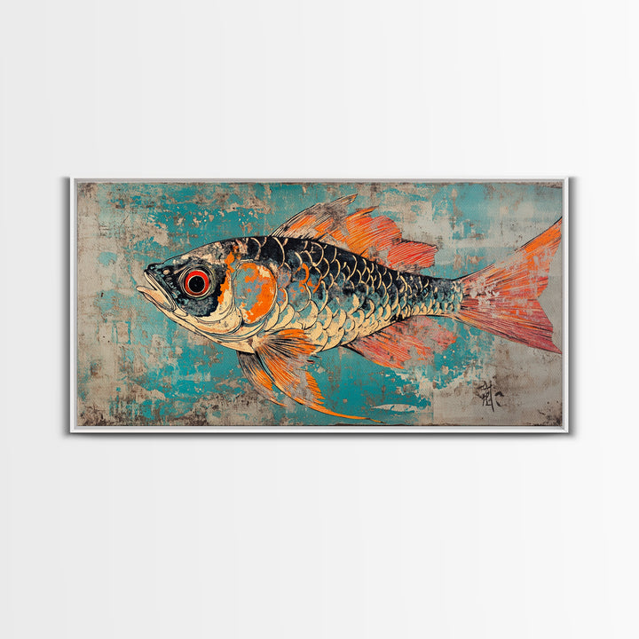 Orange And Teal Koi Fish Canvas Print, Japanese Wall Art, Coastal Animal Art, Vibrant Ocean Decor, Marine Life Print, Gift