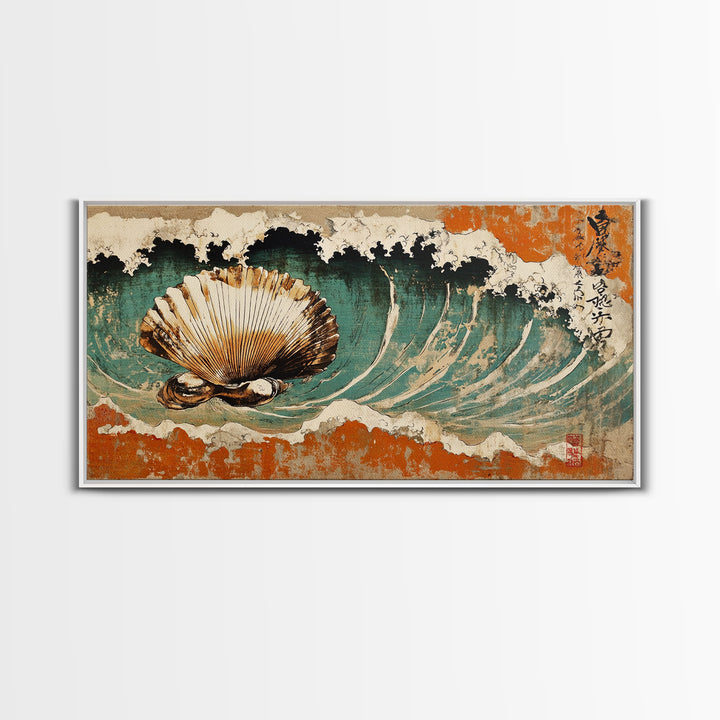 Scallop Shell In Crashing Wave Canvas Print, Japanese Coastal Wall Art, Nautical Ocean Decor, Seashell Art Print, Beach House Decor