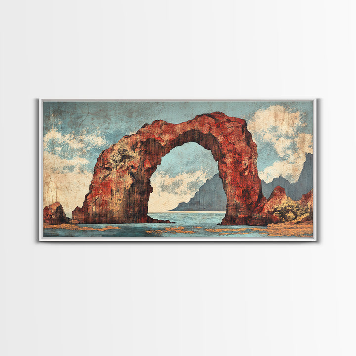 Red Coastal Rock Arch Over Blue Sea Framed Canvas Print, Seascape Wall Art, Ocean Landscape, Beach House Decor, Coastal Decor