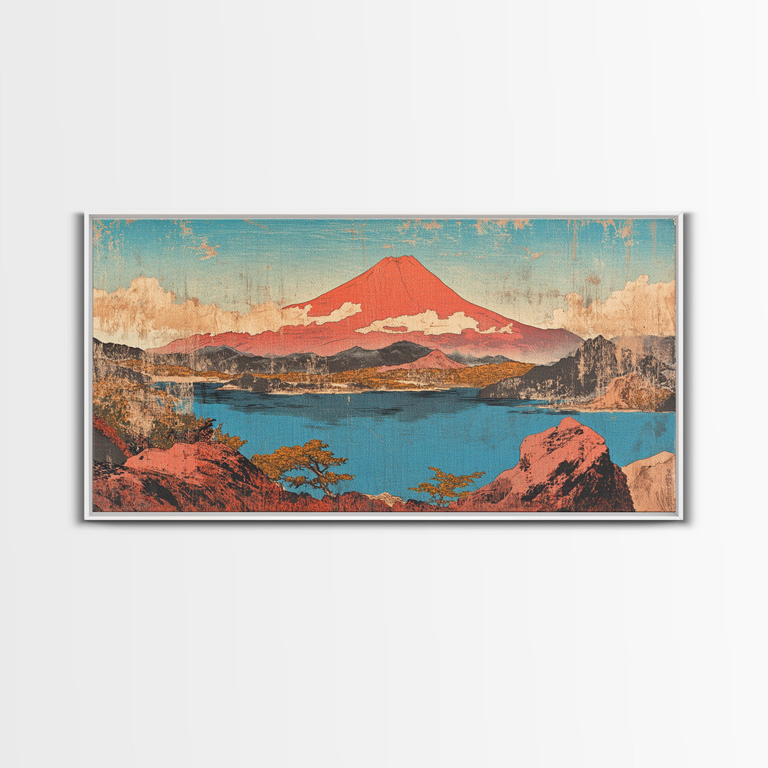 Red Mount Fuji Over Lake Framed Canvas Print, Japanese Wall Art, Landscape Art, Japandi Decor, Nature Wall Art, Home Decor