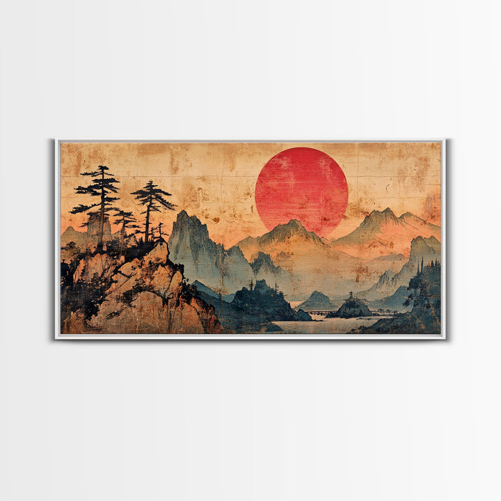Red Sun Mountain Pines Wall Art, Japanese Landscape Canvas Print, Japandi Zen Home Decor, Asian Inspired Living Room Art