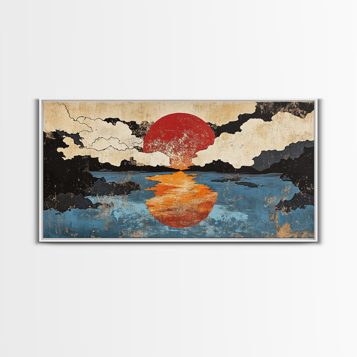 Orange Sun Reflection Seascape Wall Art, Japanese Ocean Canvas Print, Moody Coastal Wall Decor, Abstract Sunset Art Print