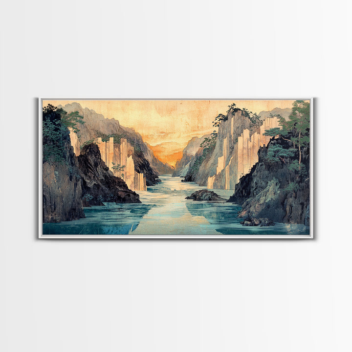Misty Canyon River Wall Art, Japanese Landscape Canvas Print, Serene Mountain Decor, Panoramic Living Room Wall Art Print