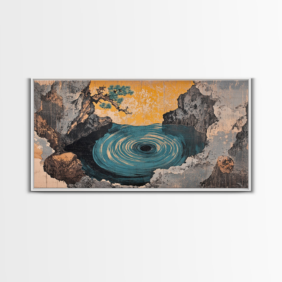 Mystic Ocean Whirlpool Cave Framed Canvas Print, Japanese Seascape Wall Art, Moody Coastal Decor, Fantasy Landscape Art Print