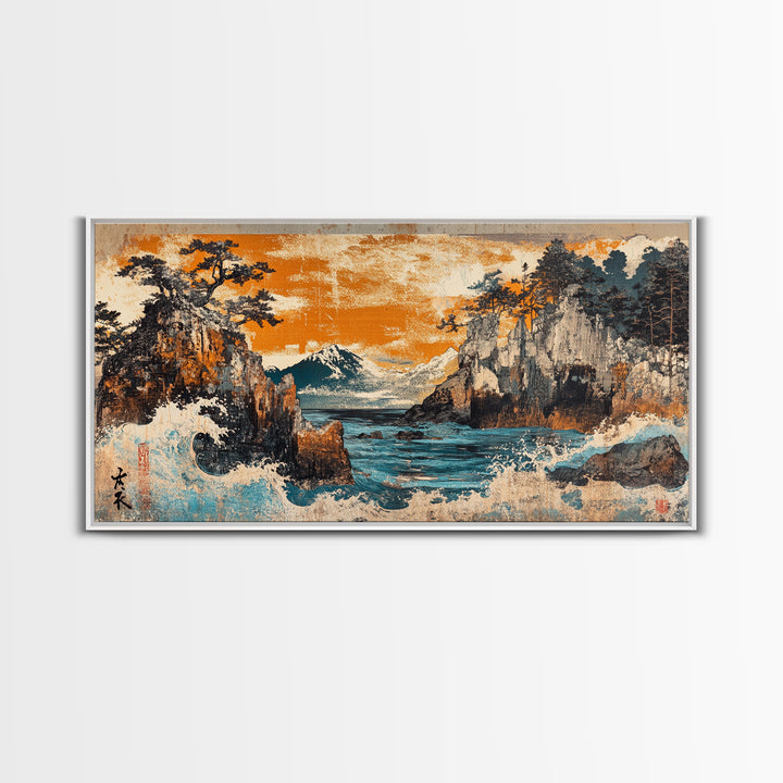 Mt Fuji Cliffs And Crashing Waves Framed Canvas Print, Japanese Wall Art, Coastal Landscape, Orange Sunset Living Room Decor