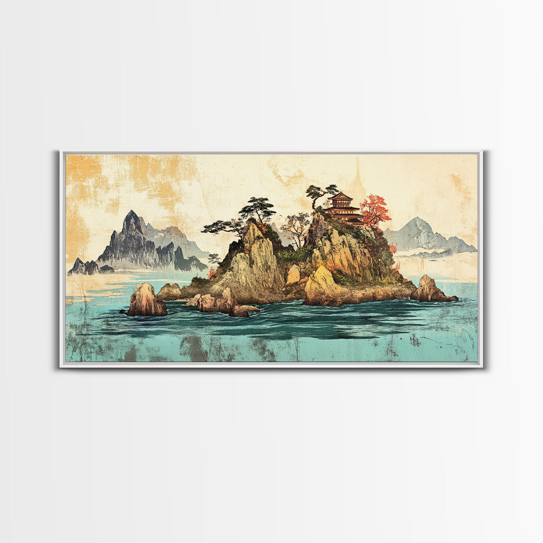 Island Pagoda And Mountain Sea Framed Canvas Print, Japanese Wall Art, Coastal Landscape, Zen Home Decor For Living Room