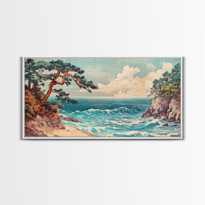 Pine Tree Coastal Cove Canvas Print, Japanese Seascape Wall Art, Ocean Waves, Beach House Decor, Calming Living Room Art